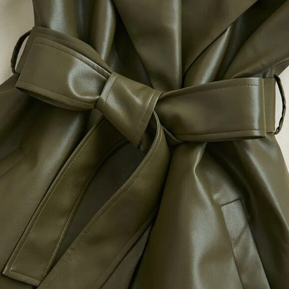 Olive Green Retro Lapel Collar Belted Jacket - Structured Sleeveless Coat - Picture 3 of 3